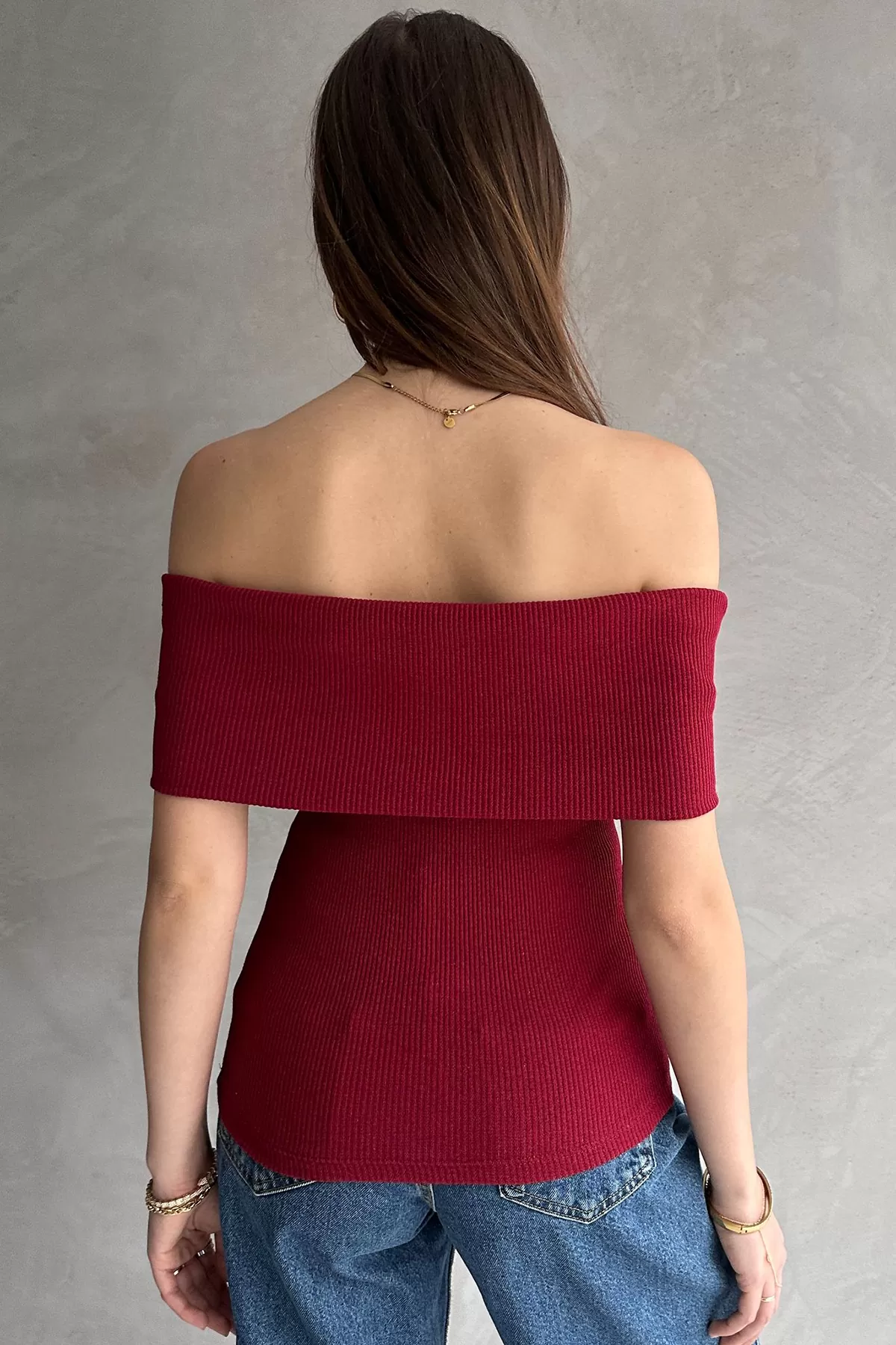 Bordo Madonna Yaka Kısa Kollu Bluz