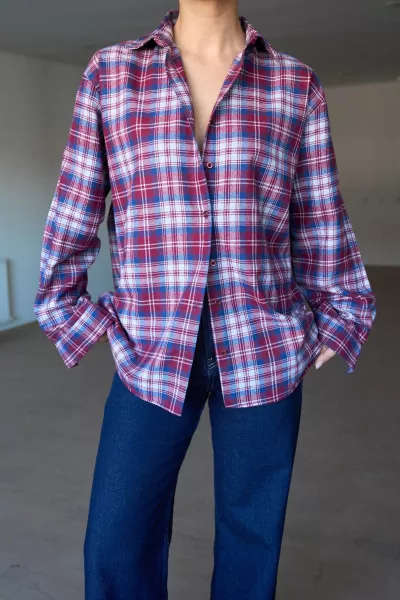Bordo Mavi Ekose Kadın Gömlek