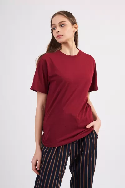 Bordo Pamuklu Basic Kadın T-Shirt
