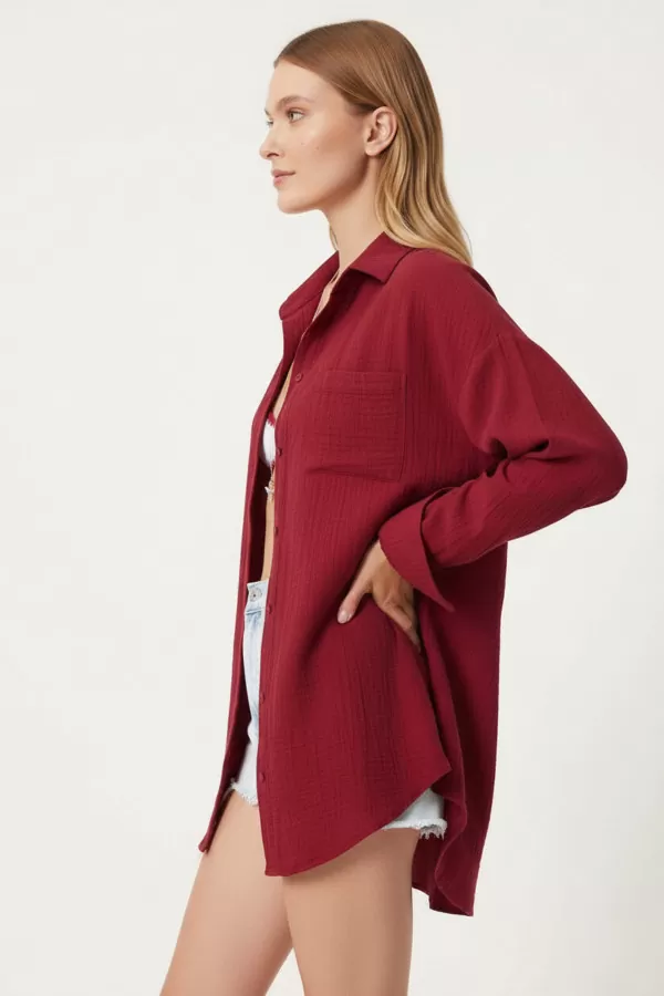 Bordo Pamuklu Müslin Kumaş Kadın Gömlek