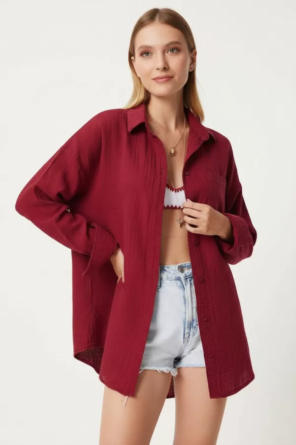 Bordo Pamuklu Müslin Kumaş Kadın Gömlek