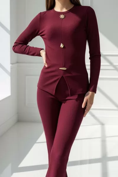 Bordo Pantolon Bluz Kadın Alt Üst Takım