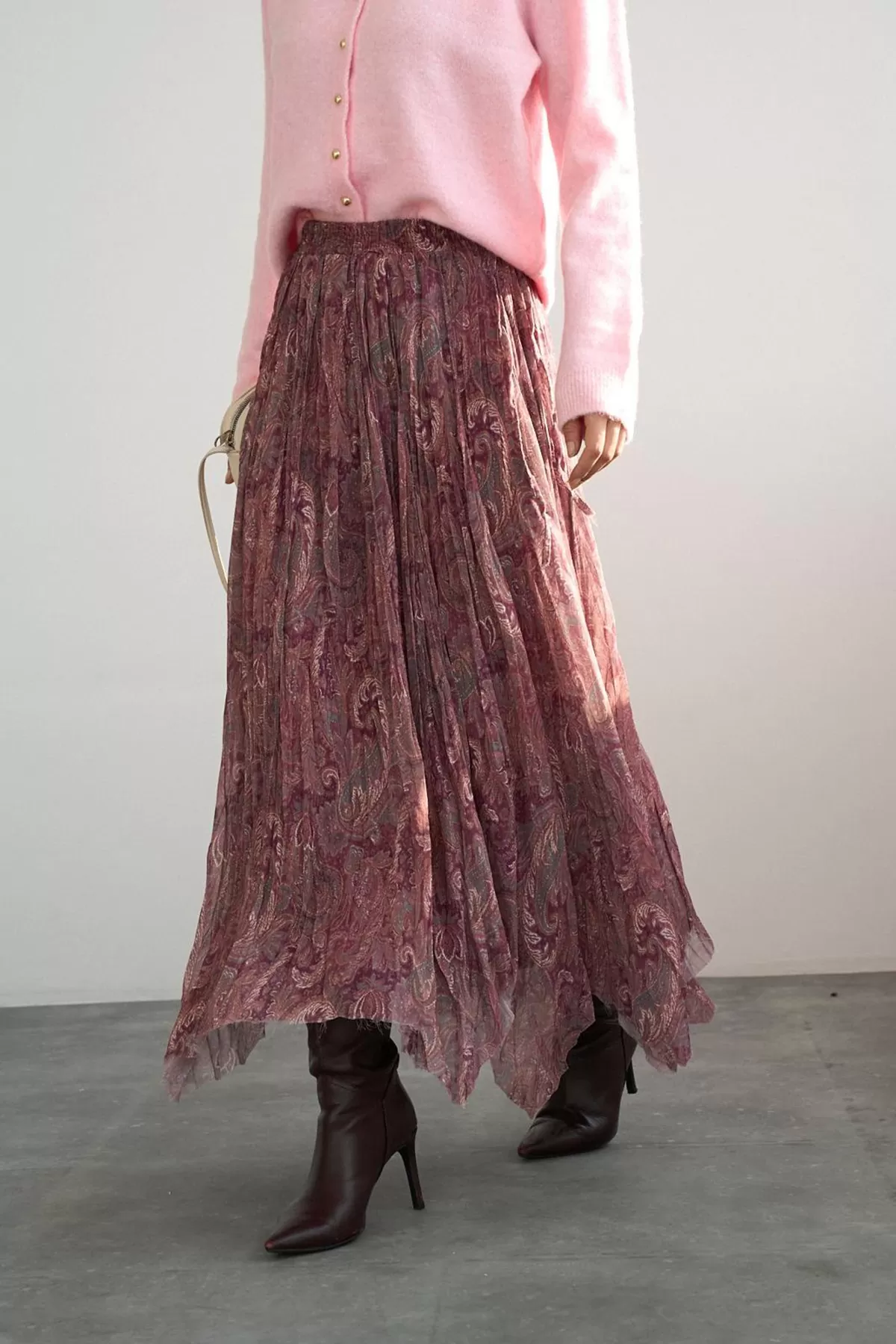 Bordo Şal Desenli Asimetrik Kesim Kloş Etek