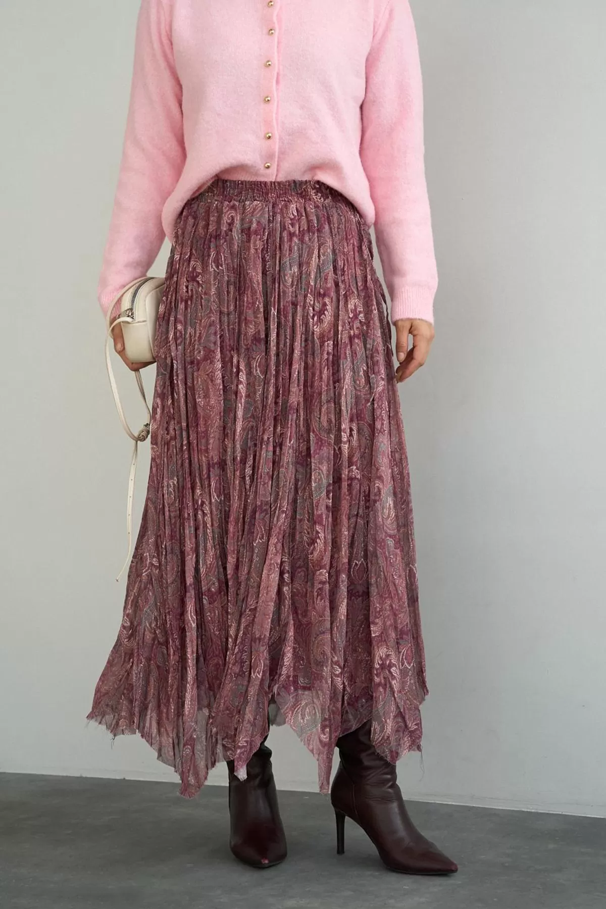 Bordo Şal Desenli Asimetrik Kesim Kloş Etek