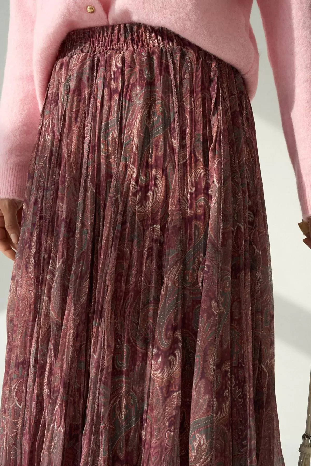 Bordo Şal Desenli Asimetrik Kesim Kloş Etek