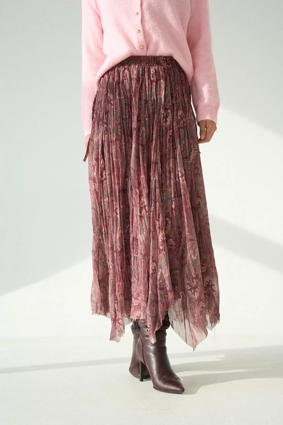 Bordo Şal Desenli Asimetrik Kesim Kloş Etek