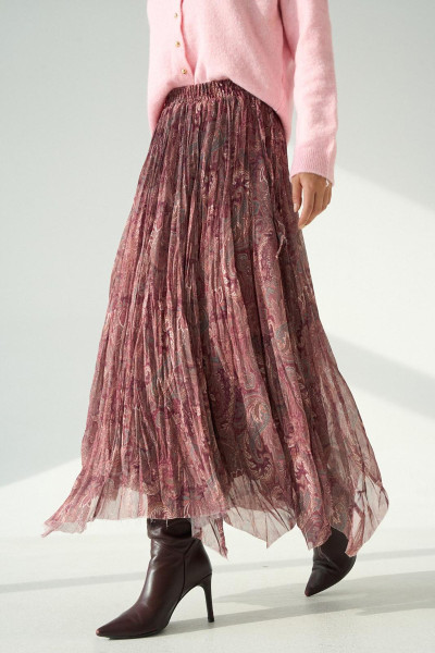 Bordo Şal Desenli Asimetrik Kesim Kloş Etek