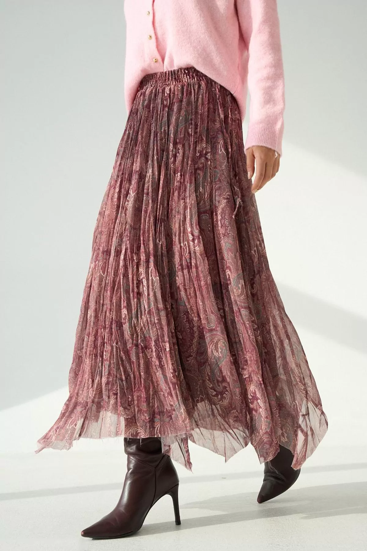 Bordo Şal Desenli Asimetrik Kesim Kloş Etek