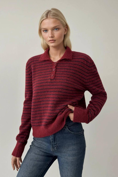 Bordo Siyah Çizgili Triko Kadın Kazak