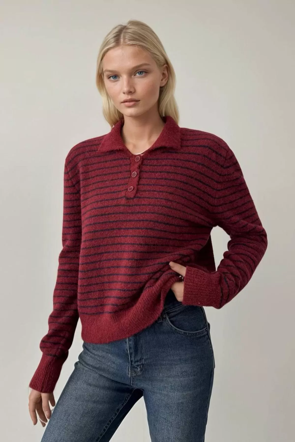 Bordo Siyah Çizgili Triko Kadın Kazak