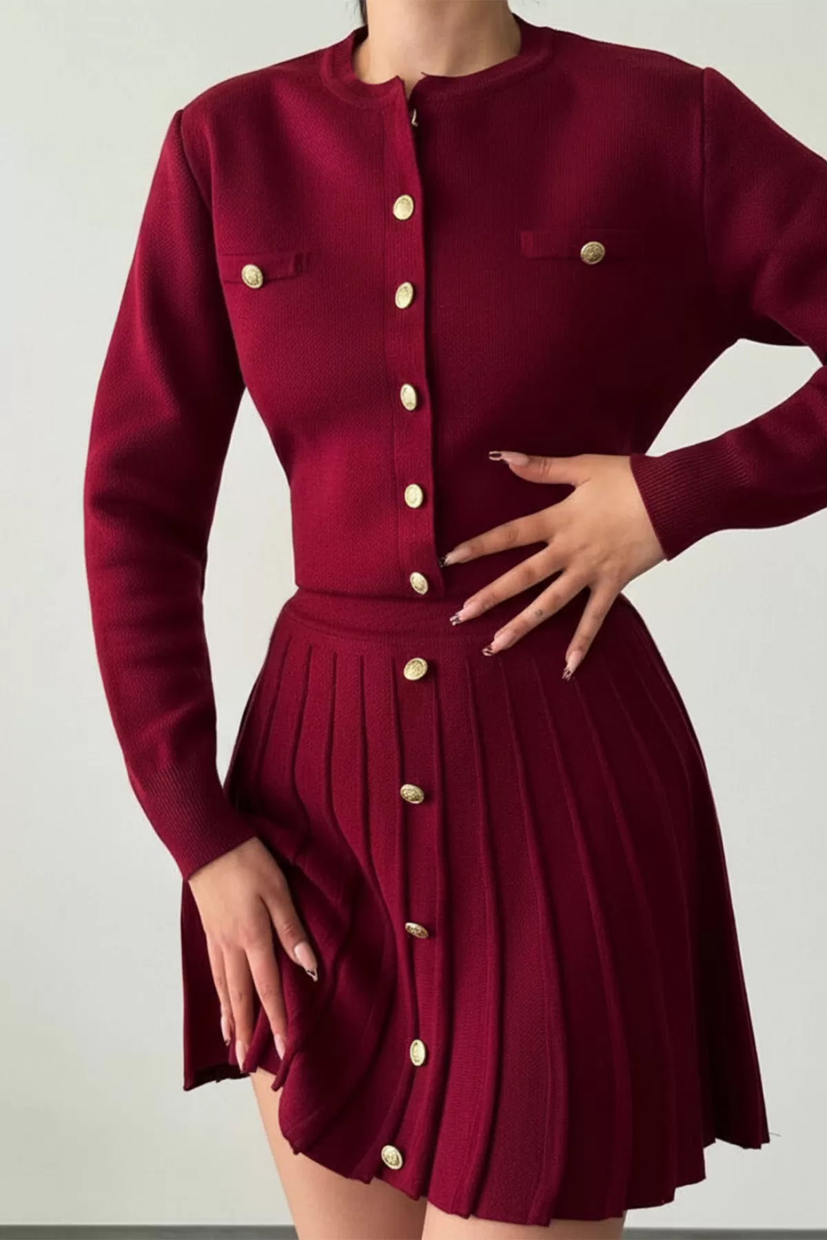 Bordo Triko Etek Düğmeli Bluz Alt Üst Takım