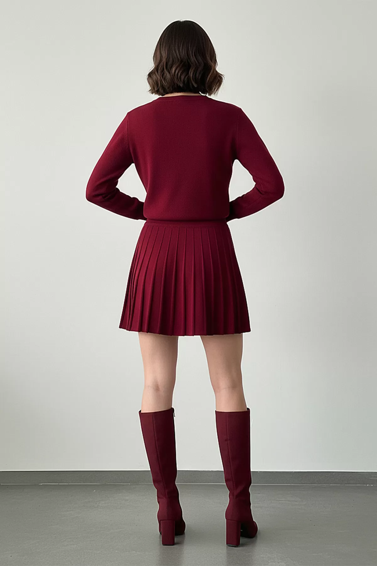 Bordo Triko Etek Düğmeli Bluz Alt Üst Takım