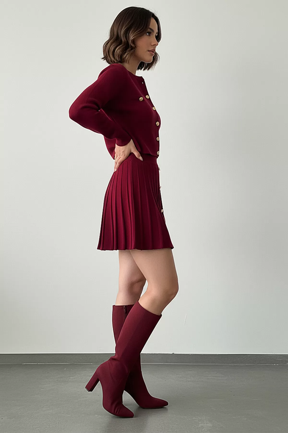 Bordo Triko Etek Düğmeli Bluz Alt Üst Takım