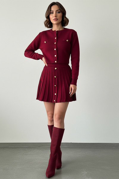 Bordo Triko Etek Düğmeli Bluz Alt Üst Takım