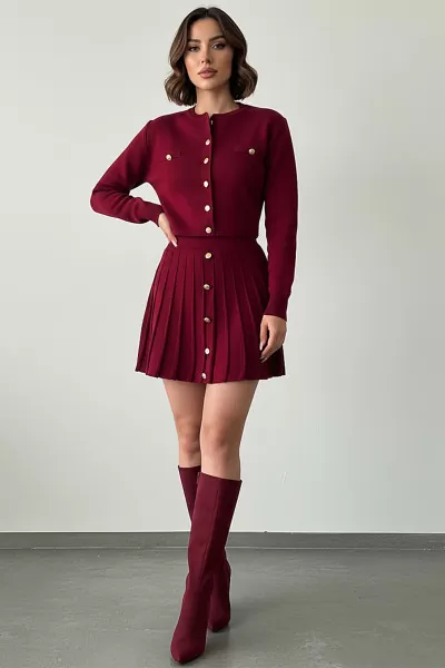 Bordo Triko Etek Düğmeli Bluz Alt Üst Takım