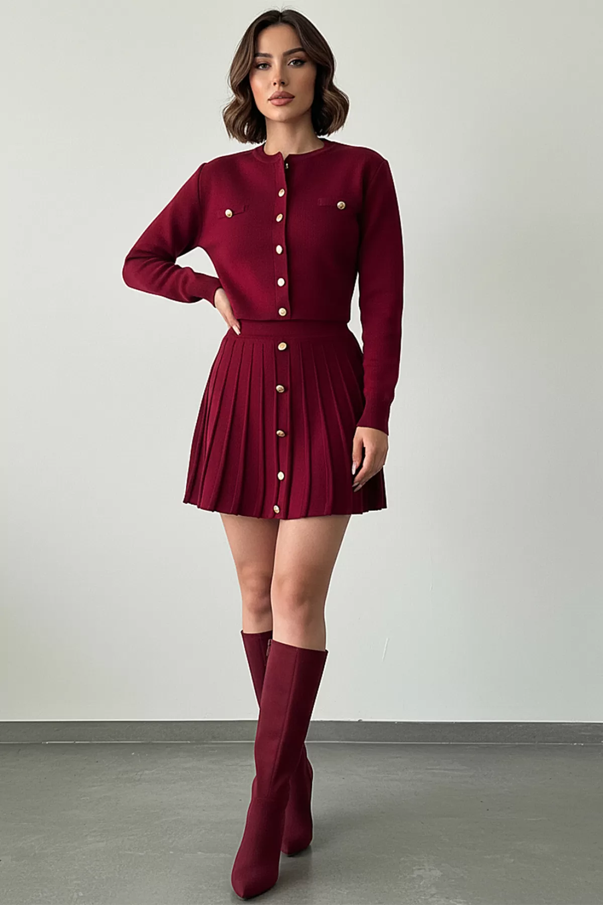 Bordo Triko Etek Düğmeli Bluz Alt Üst Takım