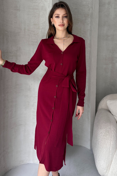 Bordo Triko Gömlek Yaka Midi Elbise