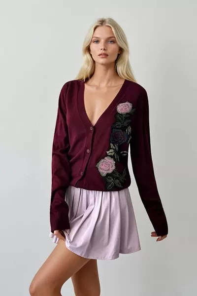 Çiçekli Bordo Triko Kadın Hırka