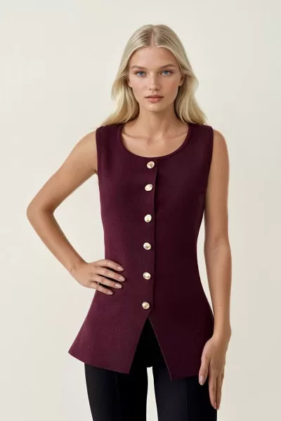 Bordo Triko Kadın Yelek Bluz