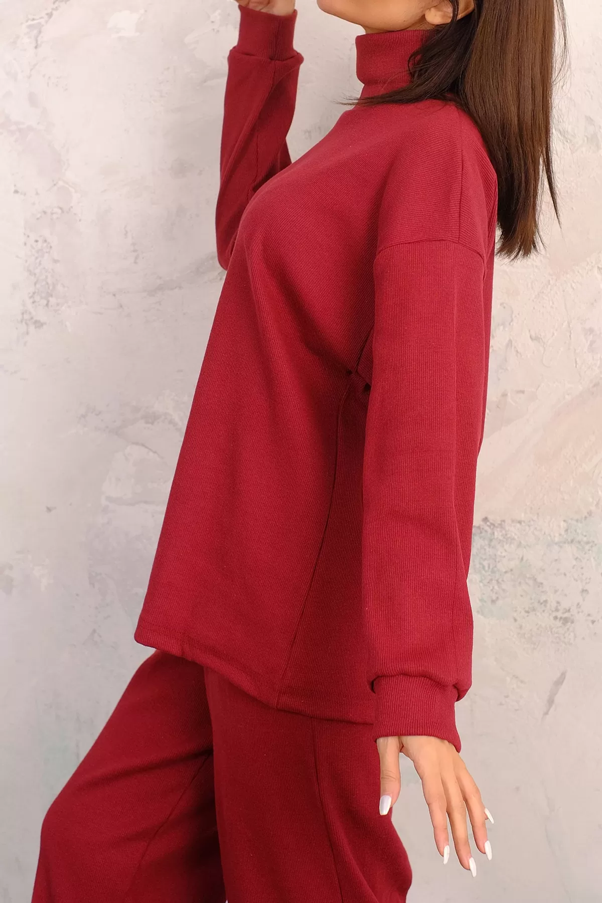 Bordo Tunik Pantolon Alt-Üst Kadın İkili Takım