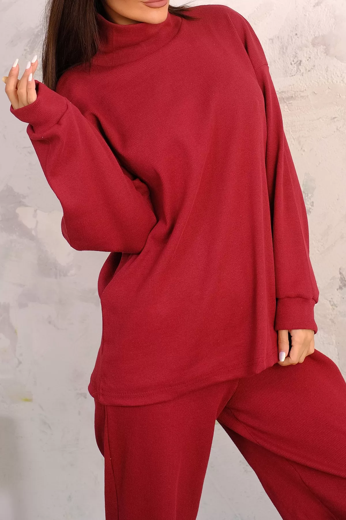 Bordo Tunik Pantolon Alt-Üst Kadın İkili Takım