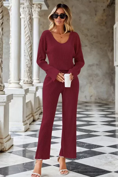 Bordo V Yaka Bluz Pantolon Kadın Alt Üst Takım