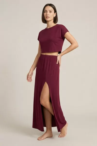 Bordo Viskon Crop Bluz Etek İkili Takım