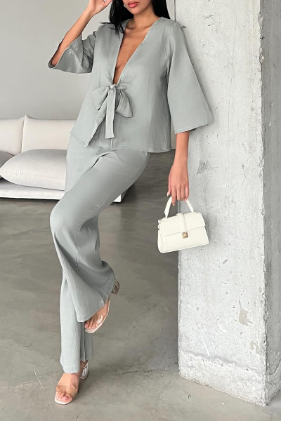 Çağla Yeşili Çift Taraflı Keten Gömlek Pantolon Takım