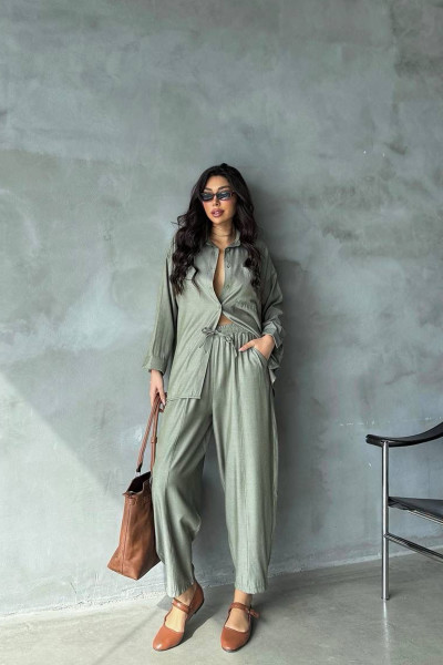 Çağla Yeşili Keten Gömlek Pantolon Kadın Alt Üst Takım