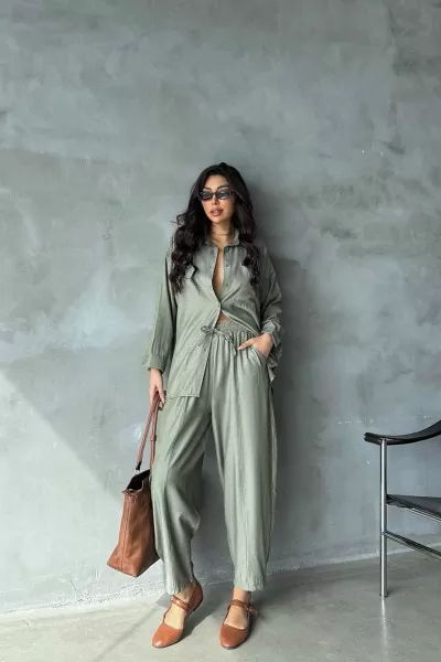 Çağla Yeşili Keten Gömlek Pantolon Kadın Alt Üst Takım