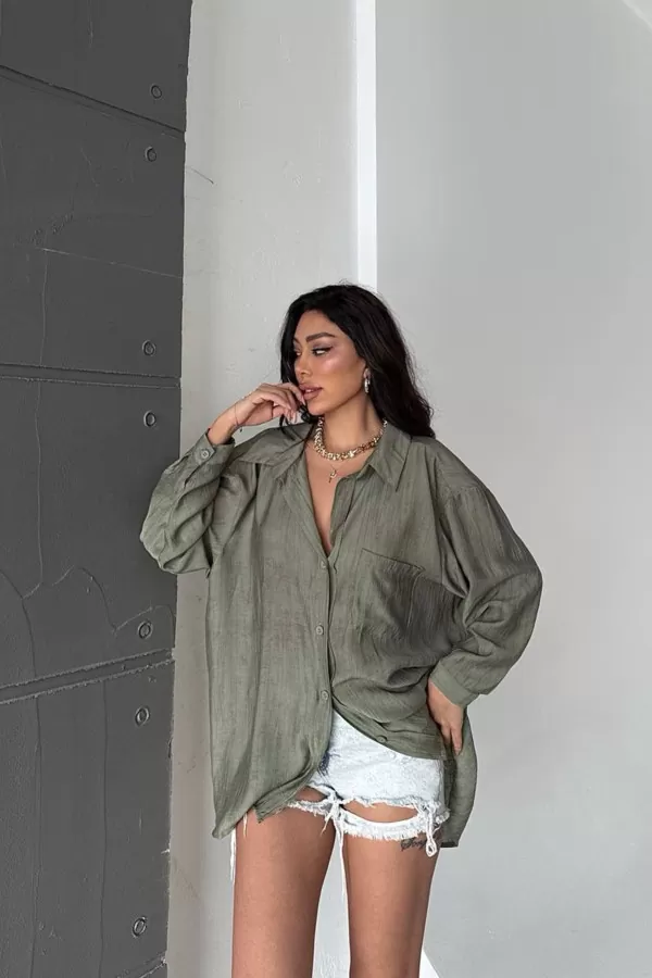Çağla Yeşili Keten Kadın Gömlek