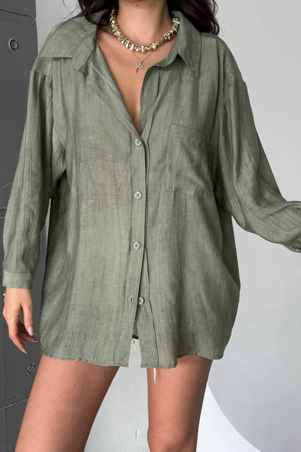 Çağla Yeşili Keten Kadın Gömlek