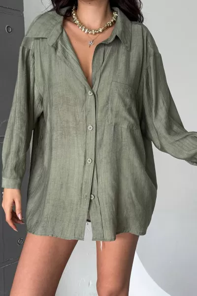 Çağla Yeşili Keten Kadın Gömlek