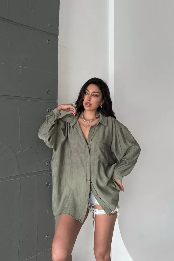 Çağla Yeşili Keten Kadın Gömlek