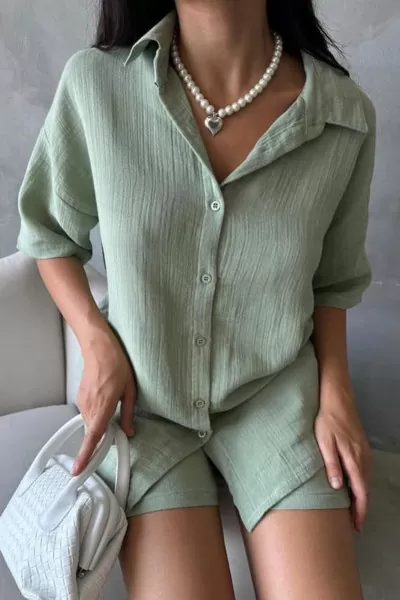 Çağla Yeşili Keten Şort Gömlek Kadın Alt Üst Takım