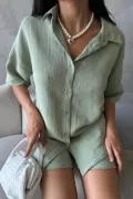 Pudra Pembe Keten Şort Gömlek Kadın Alt Üst Takım