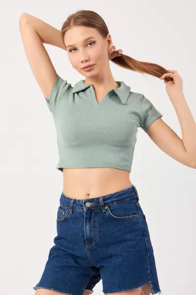 Çağla Yeşili Pamuklu Kaşkorse Crop Bluz