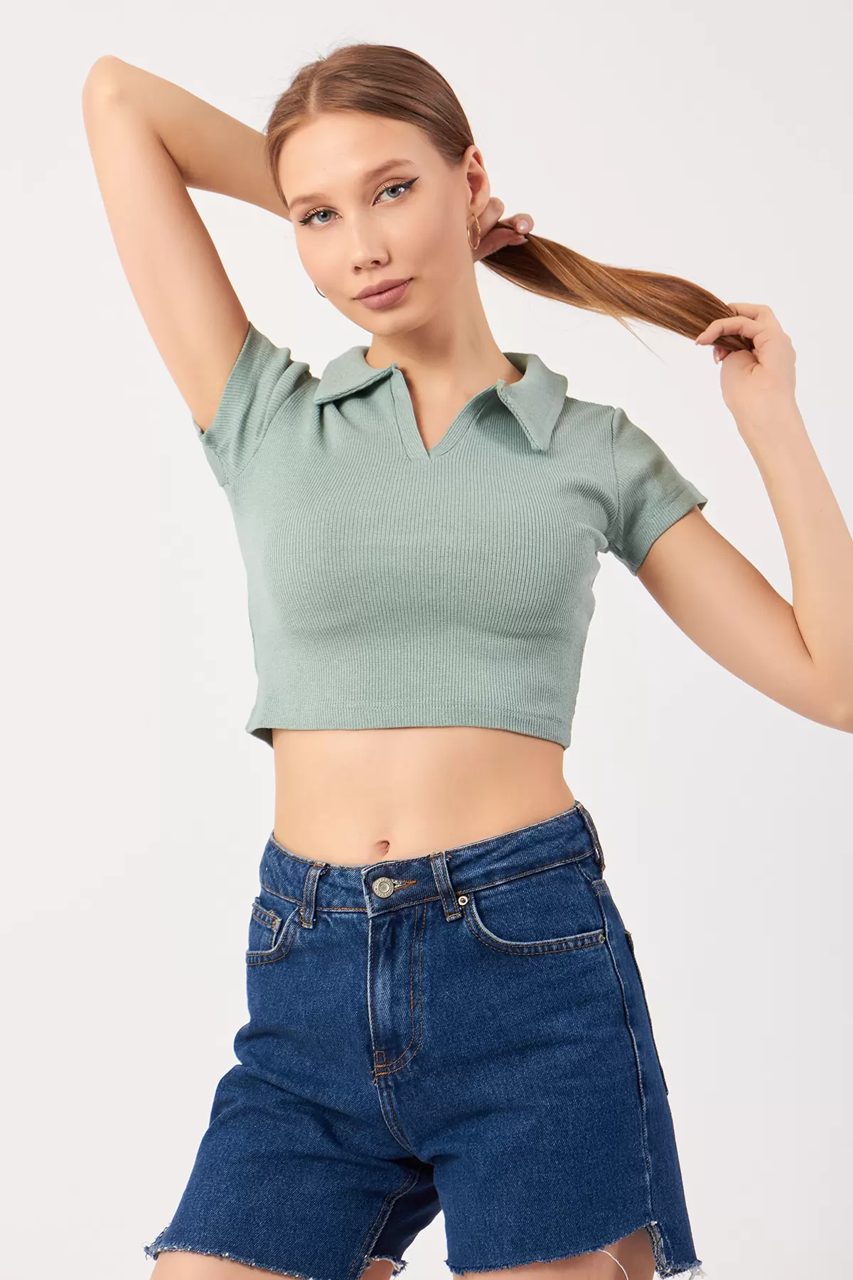Çağla Yeşili Pamuklu Kaşkorse Crop Bluz