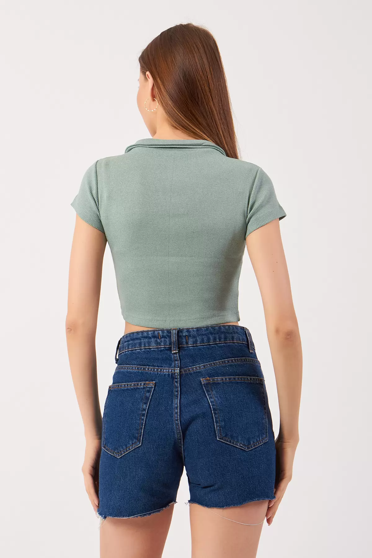 Çağla Yeşili Pamuklu Kaşkorse Crop Bluz