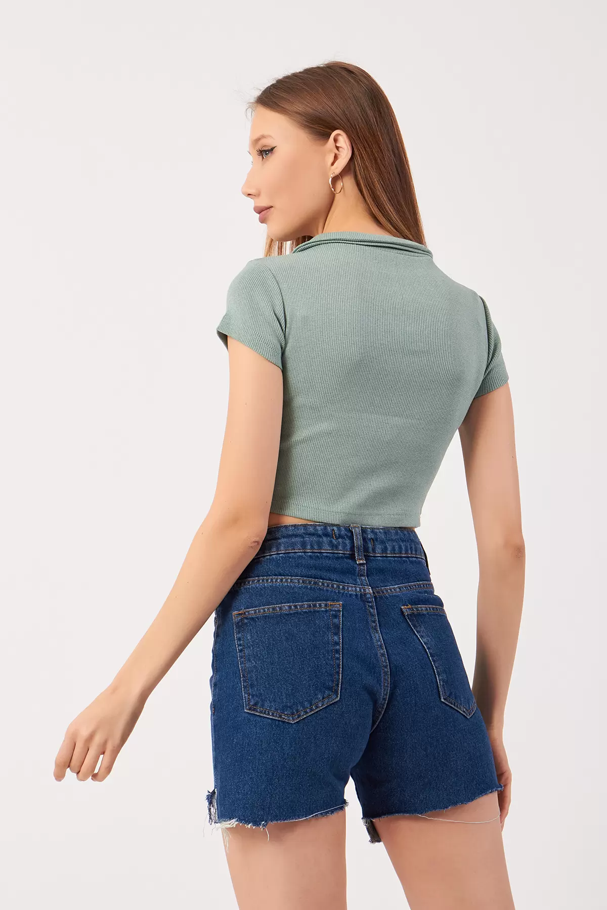 Çağla Yeşili Pamuklu Kaşkorse Crop Bluz