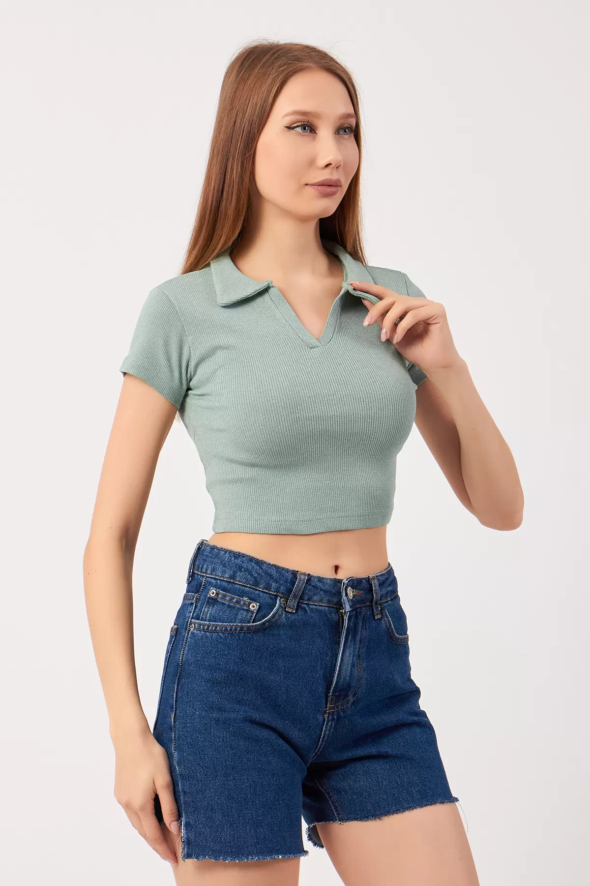 Çağla Yeşili Pamuklu Kaşkorse Crop Bluz