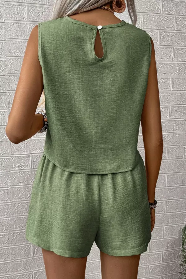 Çağla Yeşili Pamuklu Keten Şort Bluz Alt Üst Takım