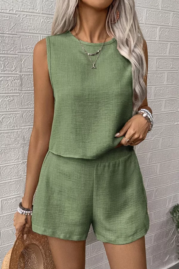 Çağla Yeşili Pamuklu Keten Şort Bluz Alt Üst Takım