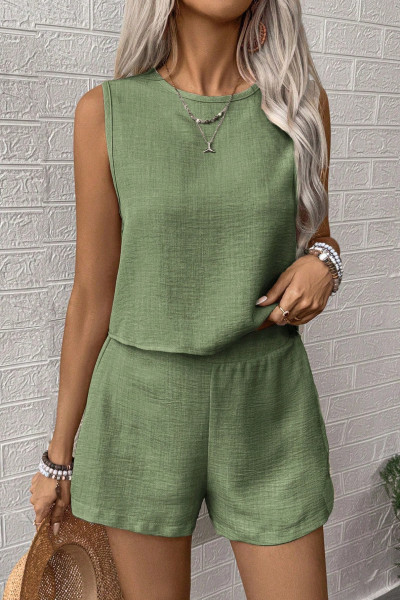 Çağla Yeşili Pamuklu Keten Şort Bluz Alt Üst Takım