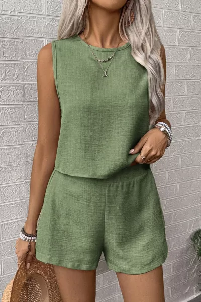 Çağla Yeşili Pamuklu Keten Şort Bluz Alt Üst Takım