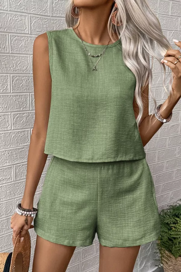 Çağla Yeşili Pamuklu Keten Şort Bluz Alt Üst Takım