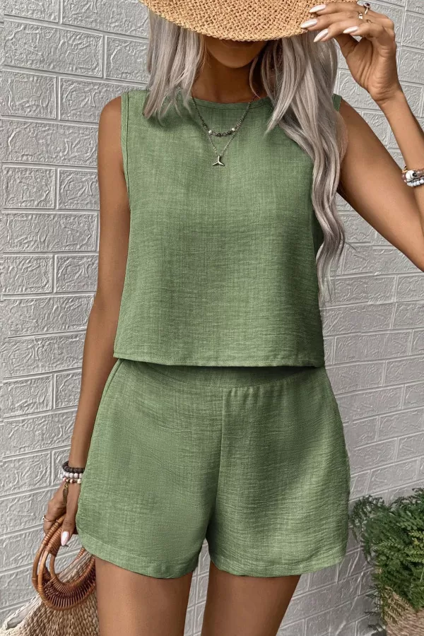 Çağla Yeşili Pamuklu Keten Şort Bluz Alt Üst Takım