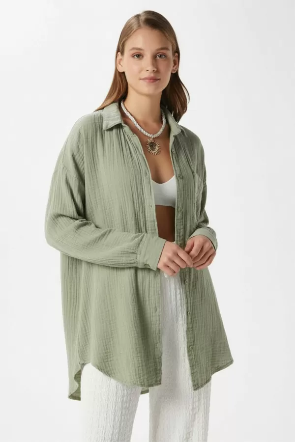 Çağla Yeşili Pamuklu Müslin Kumaş Kadın Gömlek