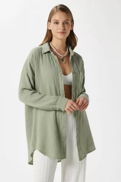 Çağla Yeşili Pamuklu Müslin Kumaş Kadın Gömlek