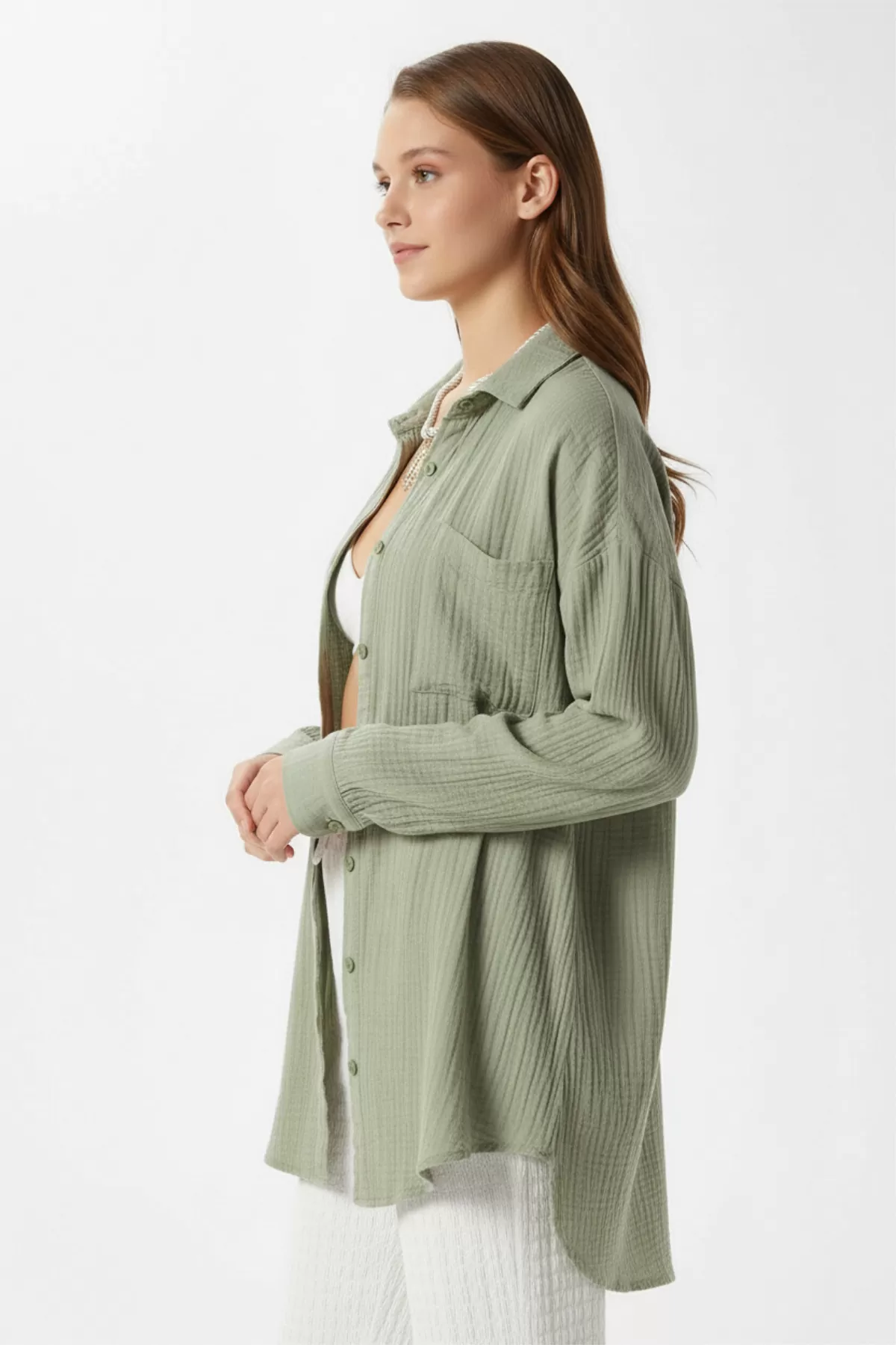 Çağla Yeşili Pamuklu Müslin Kumaş Kadın Gömlek